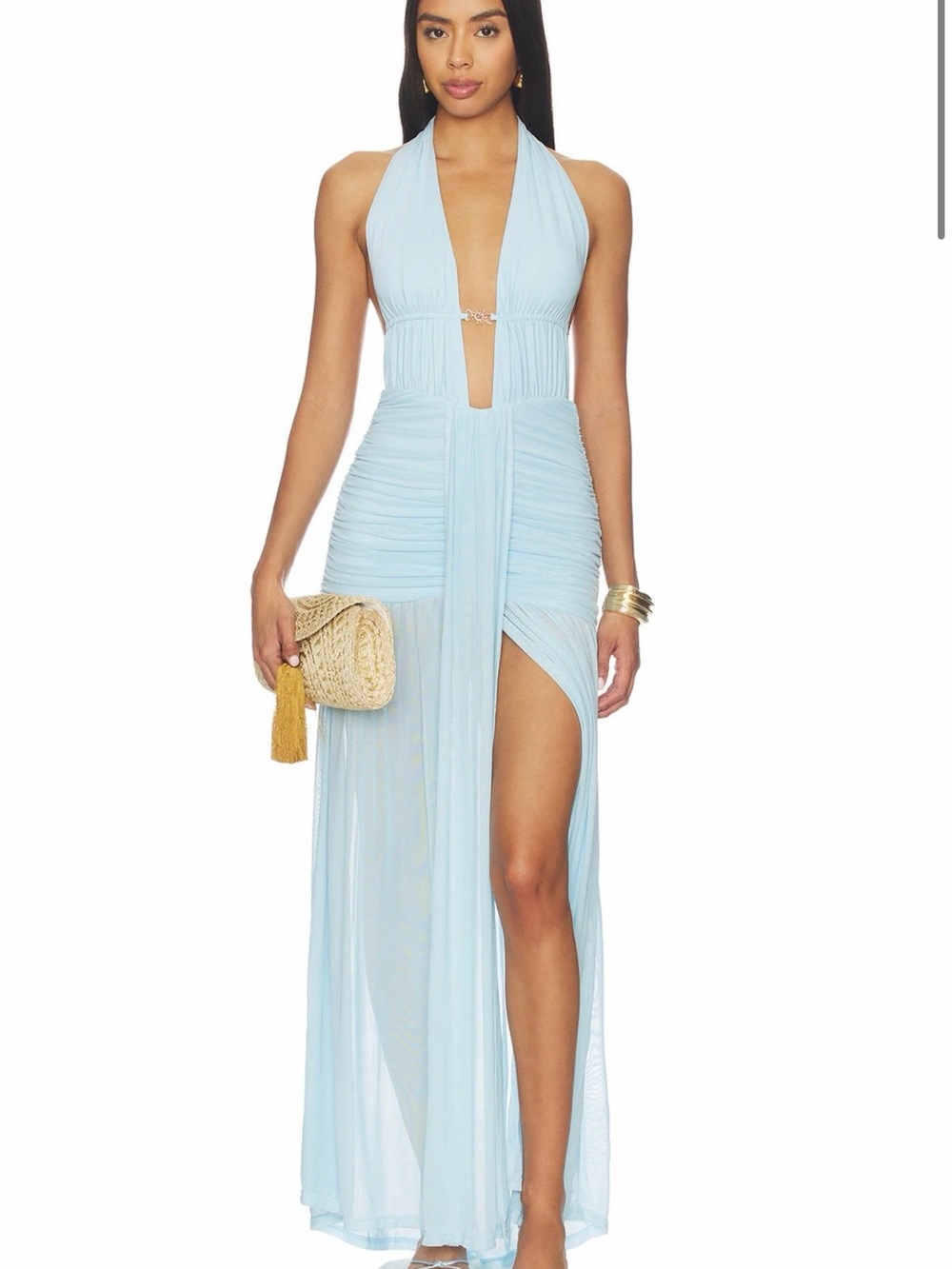 Runaway the label Adrianna plunge ruched maxi dress in aqua XS